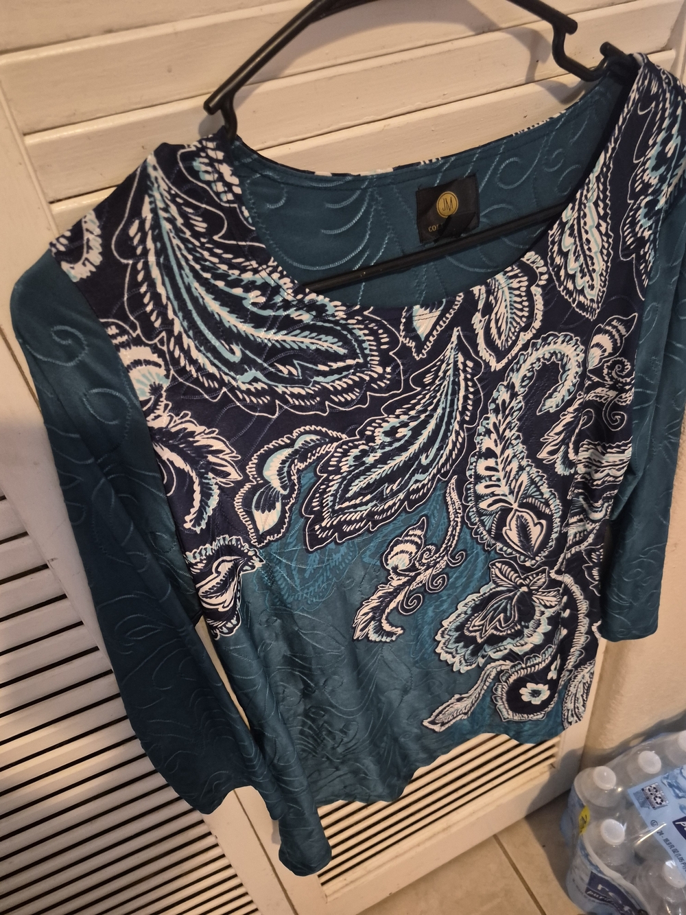 JM Collection Teal Navy White Paisley Long-Sleeve Top